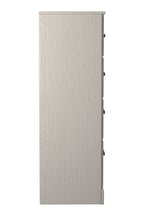 White four-drawer chest side view with dark gray edge and knob pulls