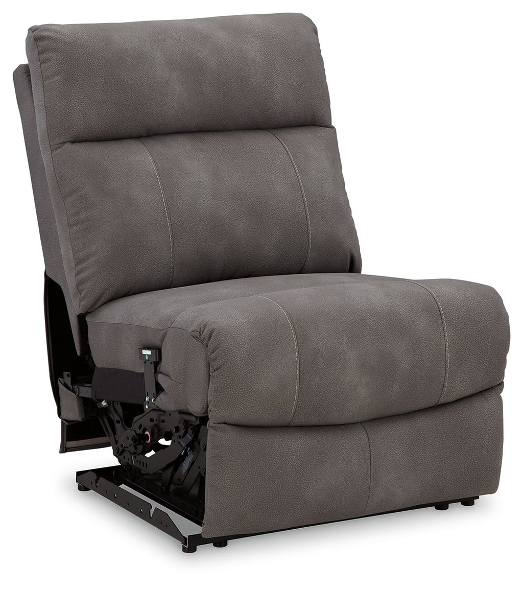 Slate power armless recliner with adjustable headrest, padded seat and back