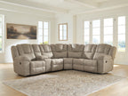 Birch reclining sectional sofa with padded arms, tufted back, and reclining seats