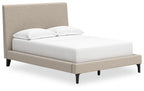 Gray upholstered bed with tall headboard, upholstered base, tapered legs