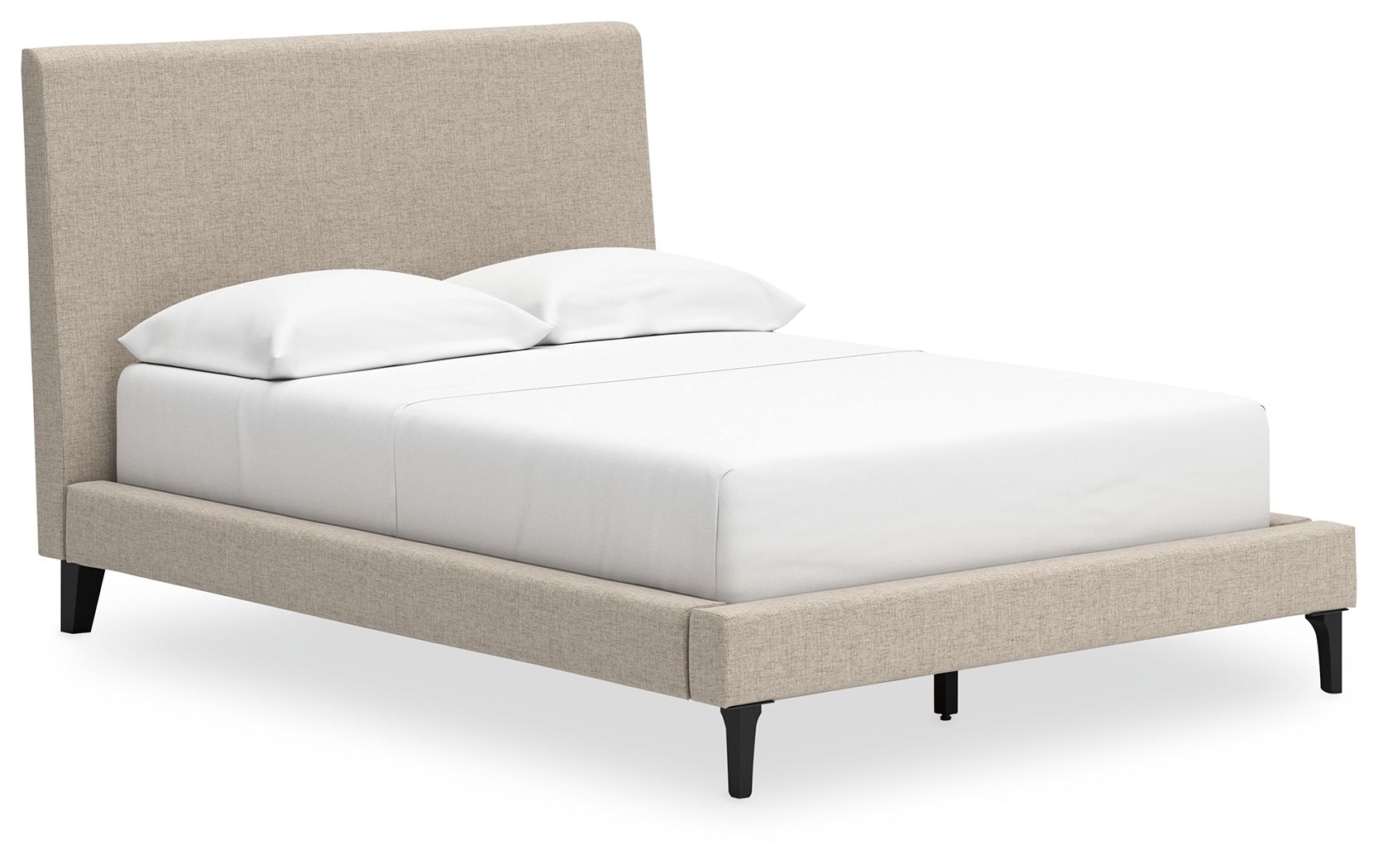 Gray upholstered bed with tall headboard, upholstered base, tapered legs