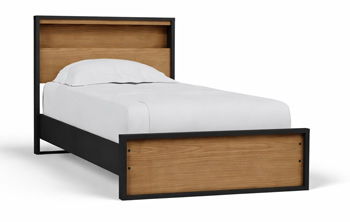 Dark brown bookcase bed frame with light gray mattress