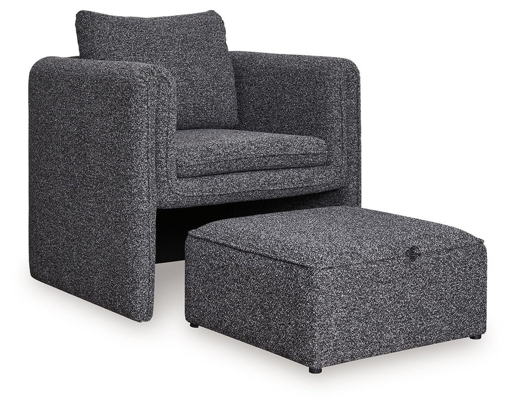 Charcoal accent chair with ottoman, textured fabric, tall back cushion and rounded arms