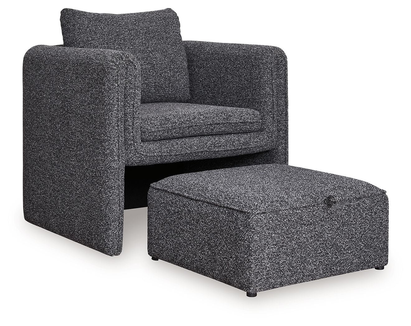 Charcoal accent chair with ottoman, textured fabric, tall back cushion and rounded arms