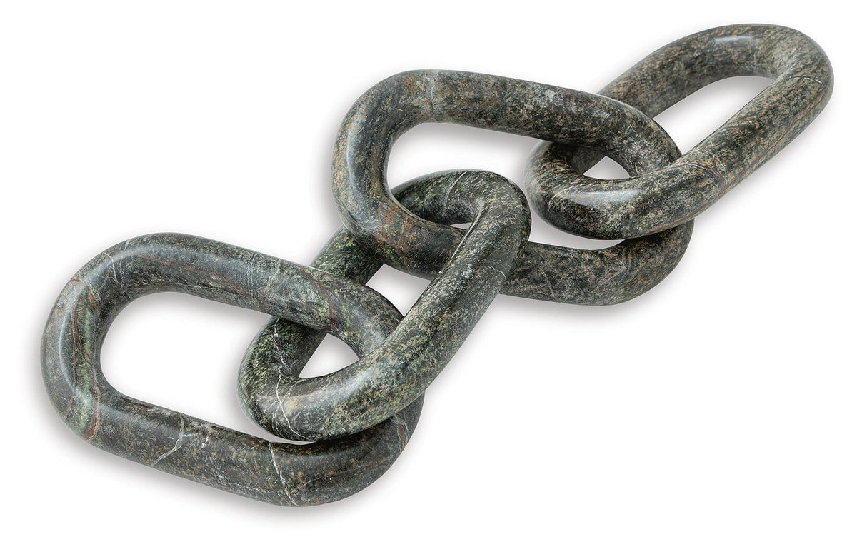 Green marble-look chain link sculpture with two interlocking links