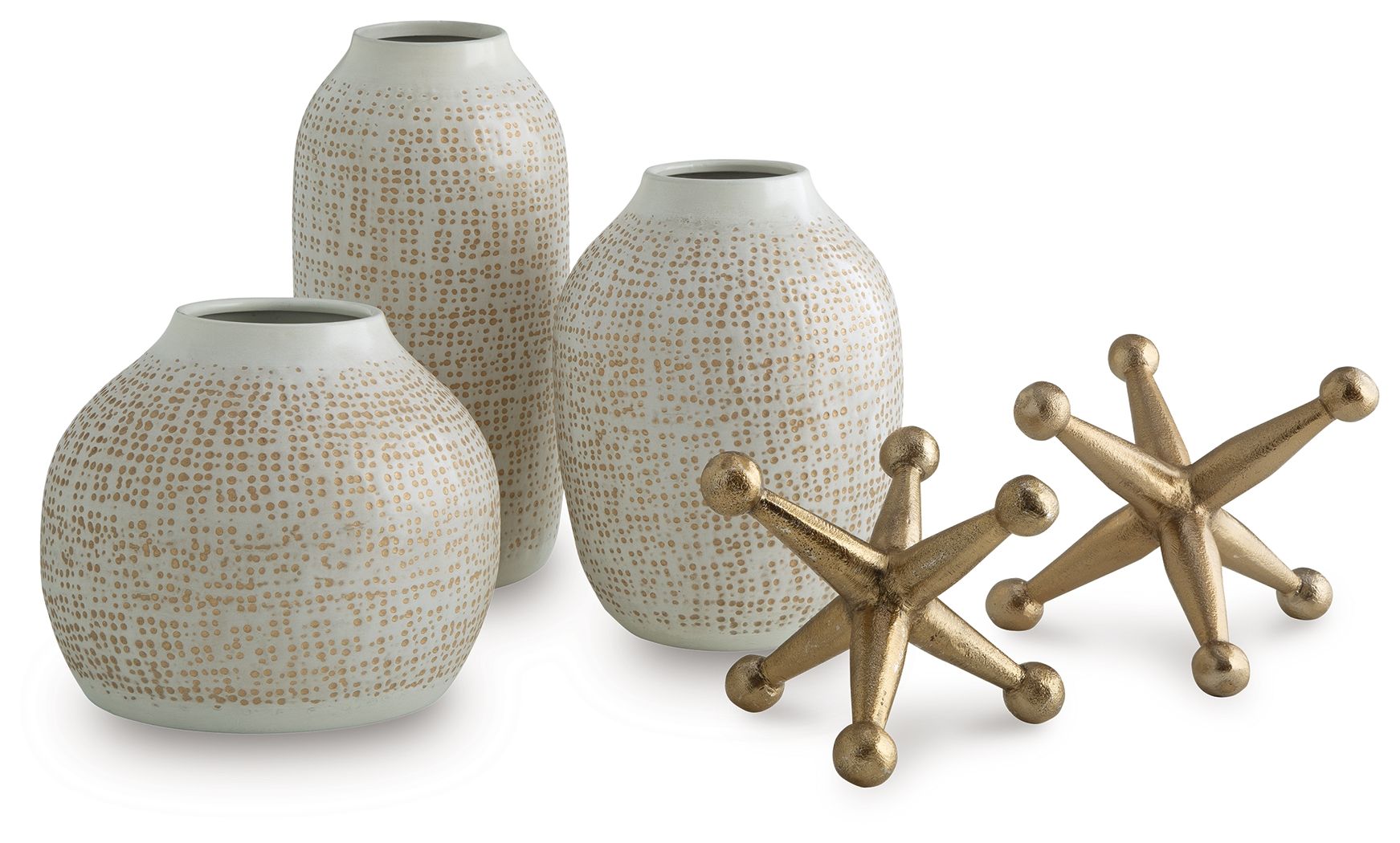 Vinburn accessory set white speckled vases with gold star-shaped metal accents