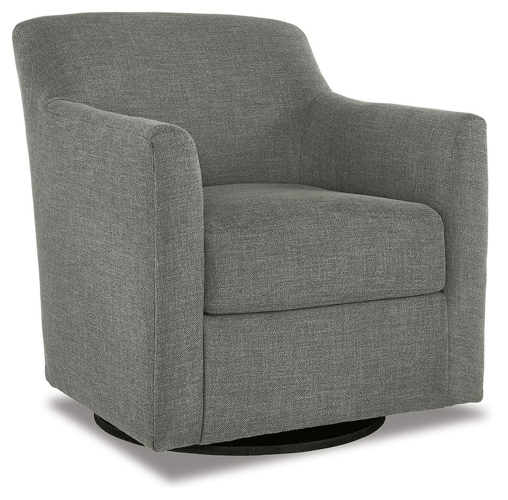 Gray swivel accent chair with curved arms, padded back, and dark swivel base