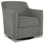 Gray swivel accent chair with curved arms, padded back, and dark swivel base
