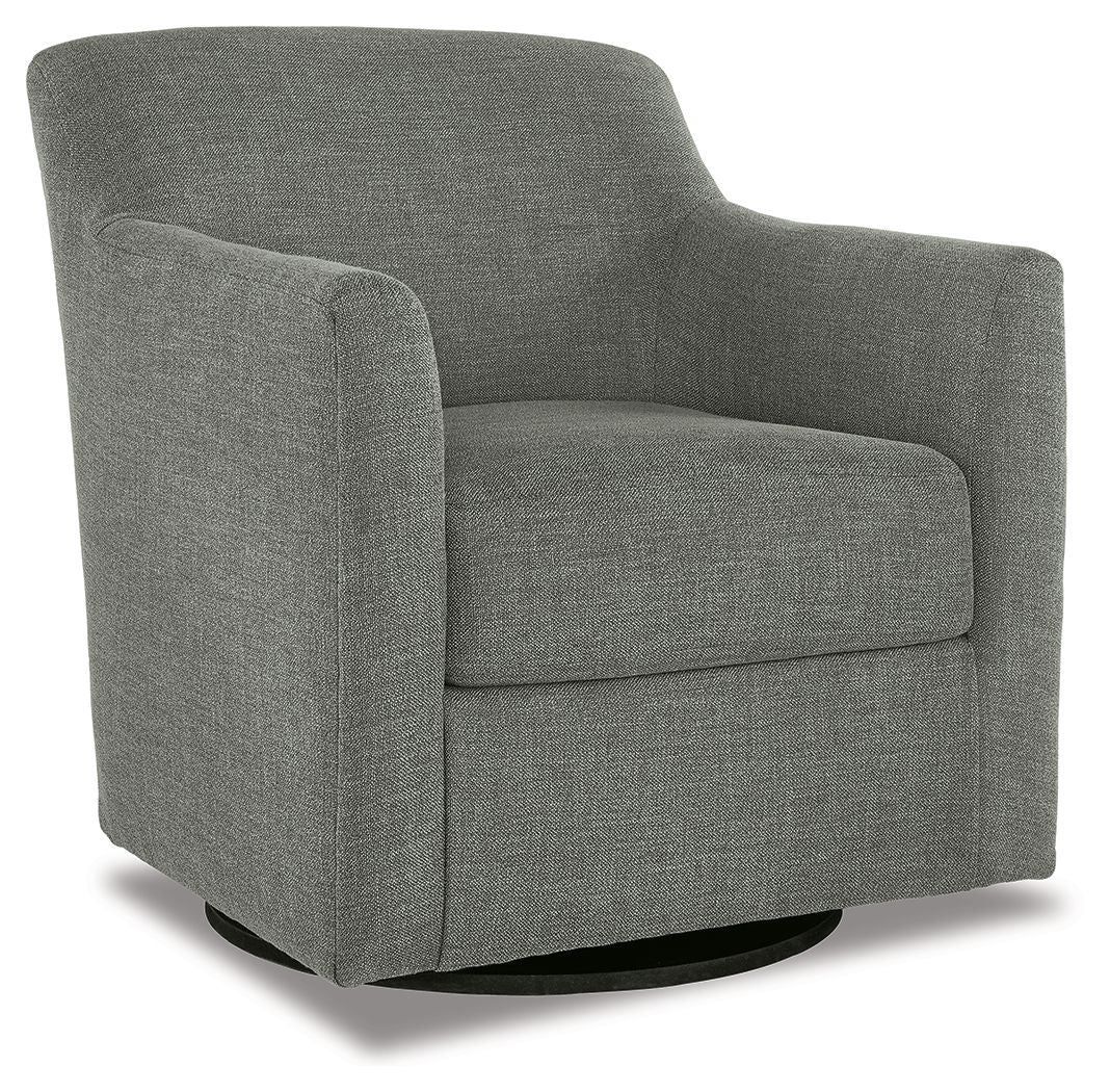 Gray swivel accent chair with curved arms, padded back, and dark swivel base