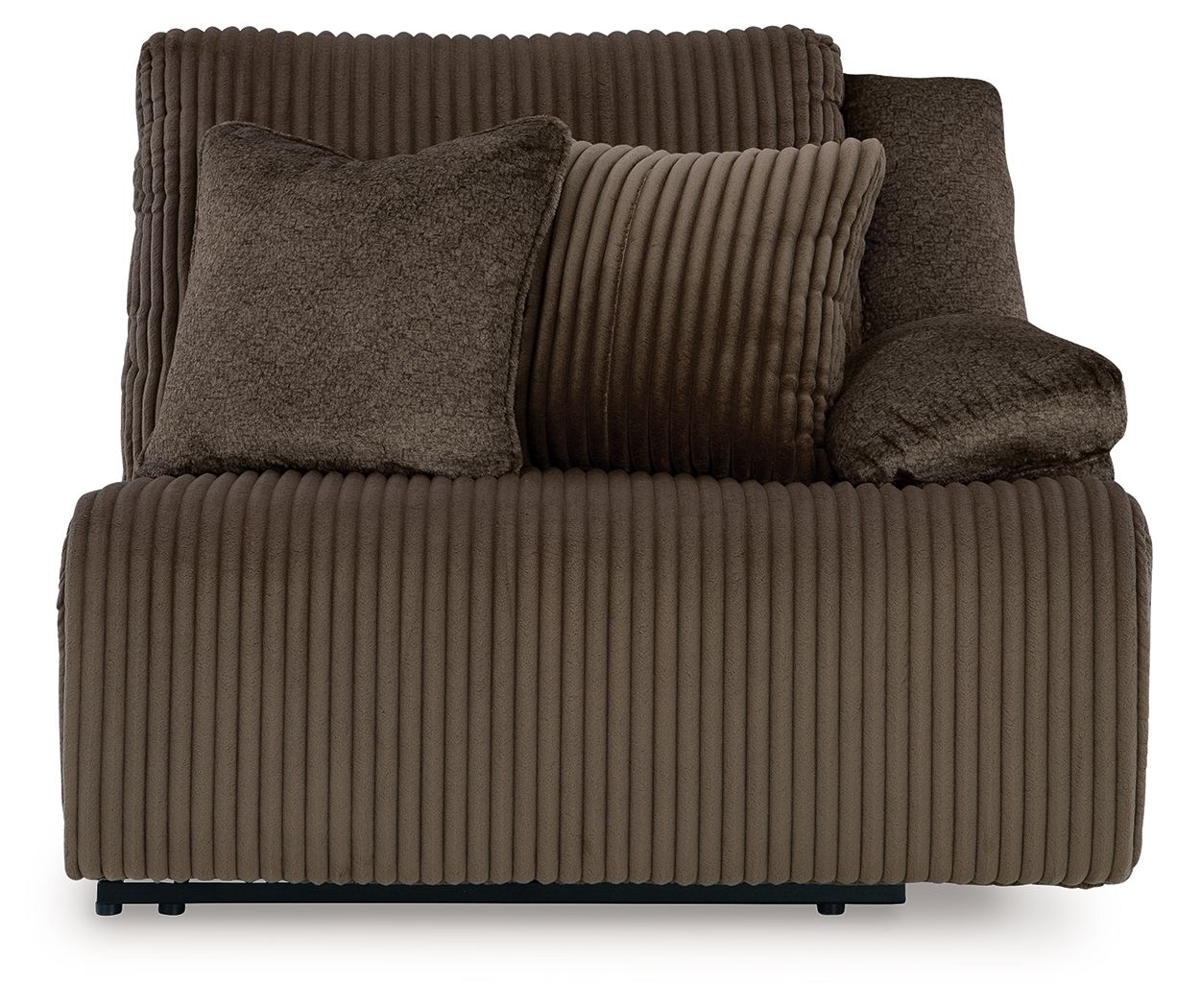 Chocolate-brown ribbed recliner chair with square throw pillows and thick armrests