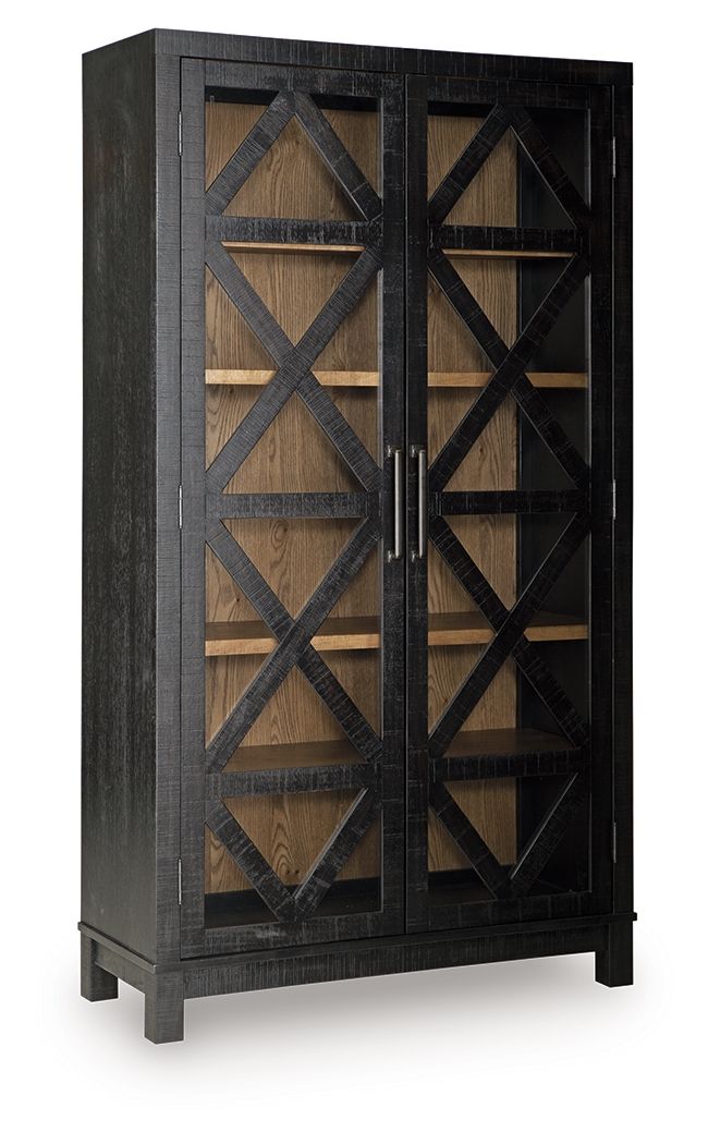 Black accent cabinet with X-pattern doors and open shelving