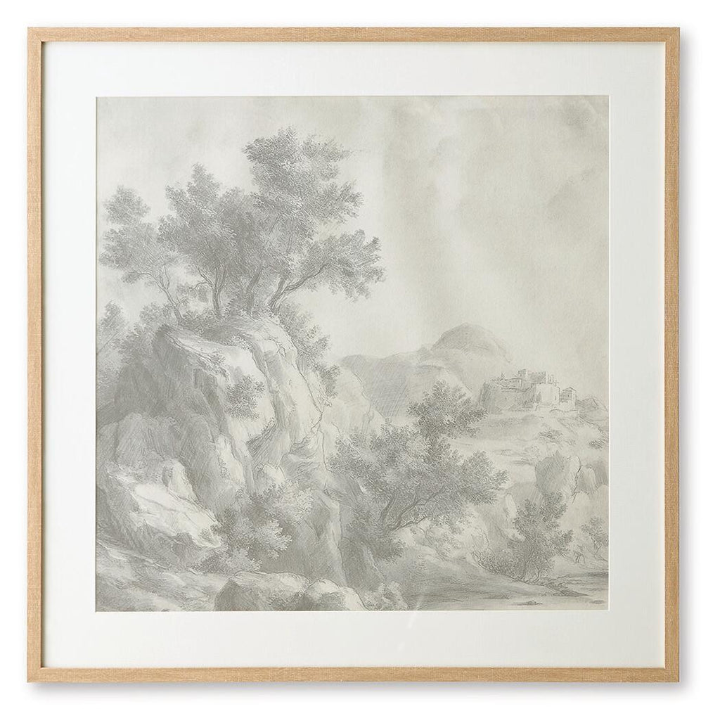 Framed gray monochrome landscape wall art with trees and rocky foreground