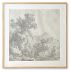 Framed gray monochrome landscape wall art with trees and rocky foreground