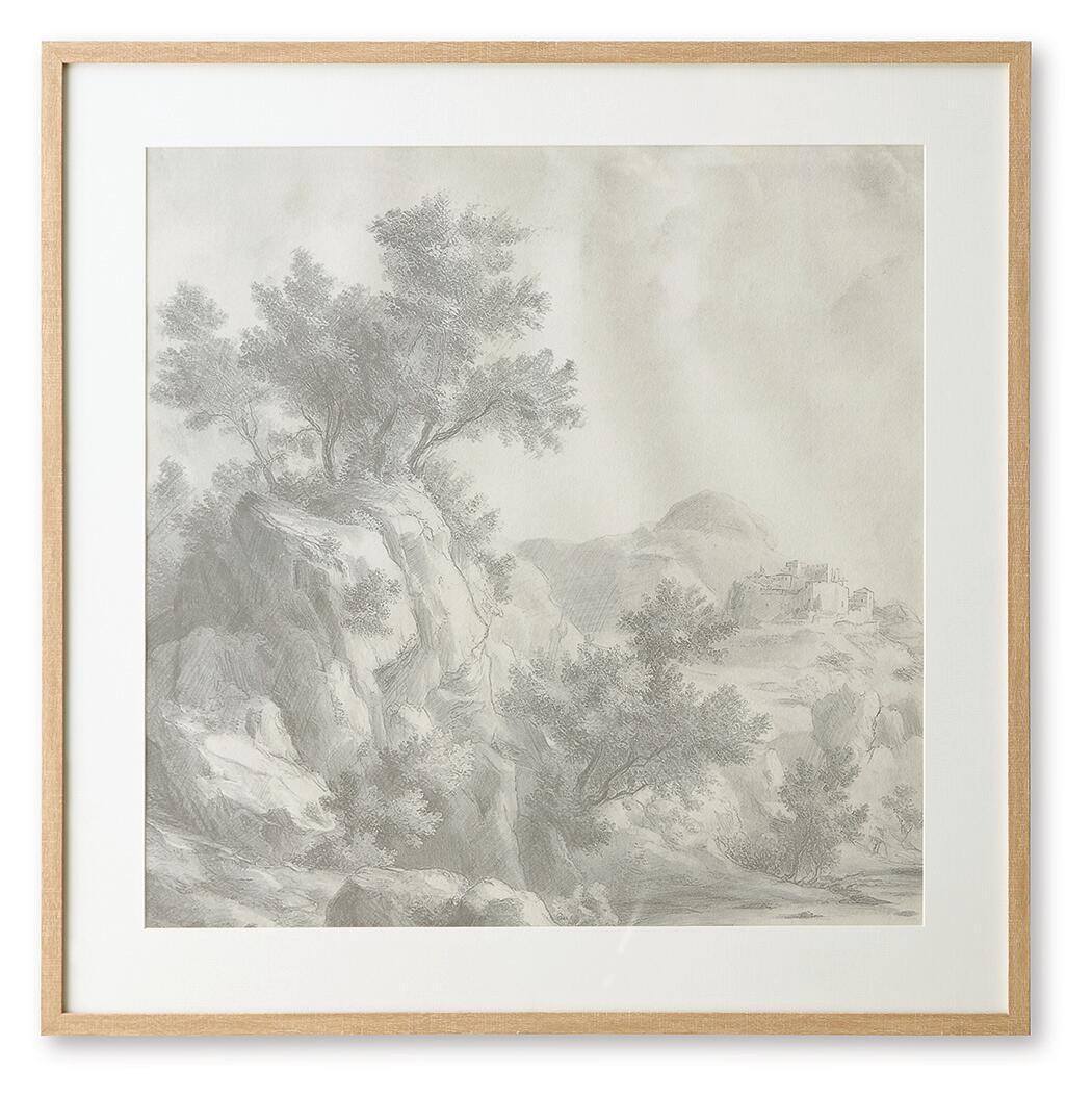 Framed gray monochrome landscape wall art with trees and rocky foreground