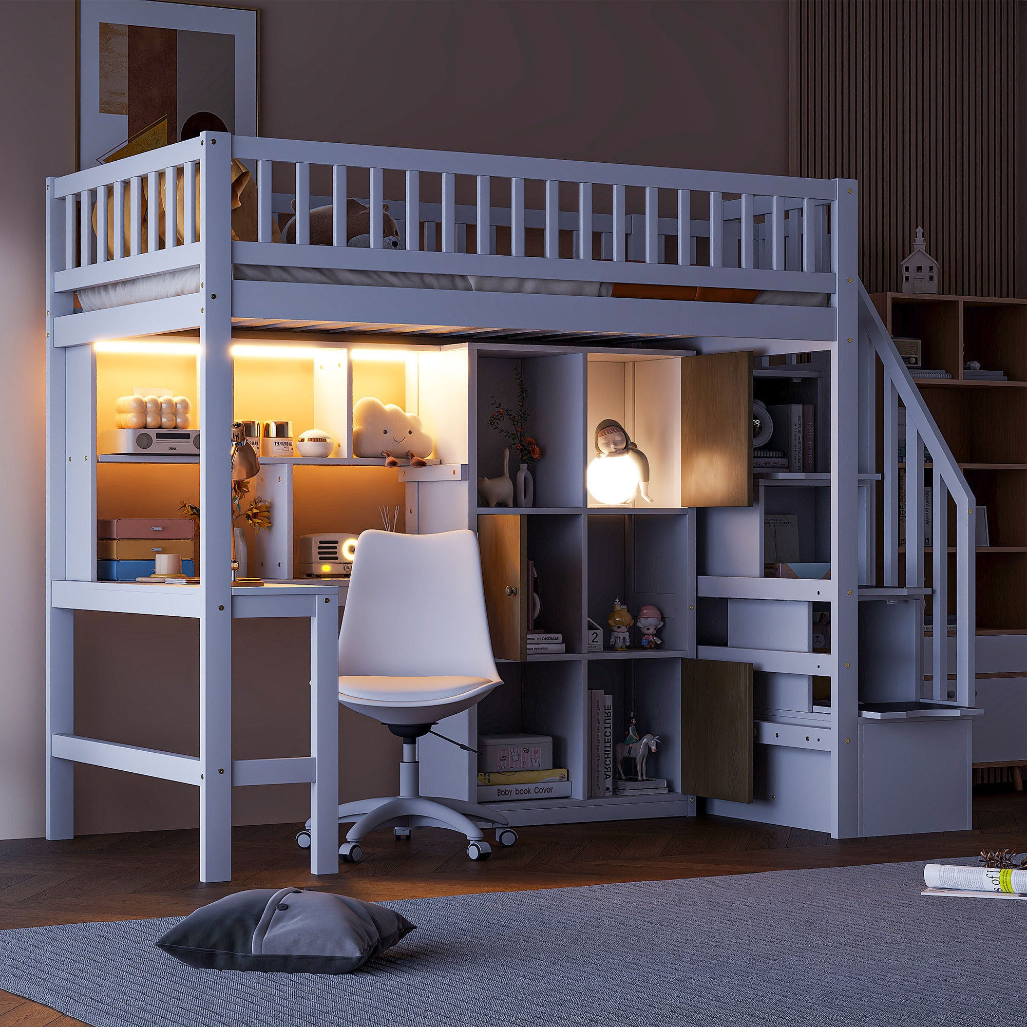 White Wood Twin Loft Bed: Desk, LED, Storage, Staircase