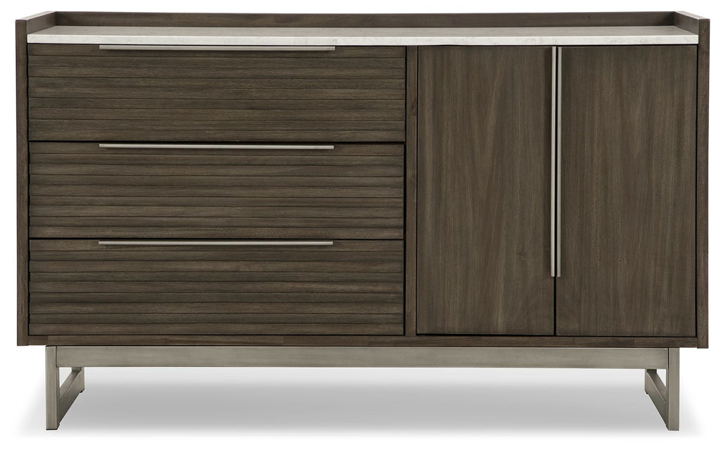 Grayish-brown wood dresser with slatted drawers and side cabinet doors