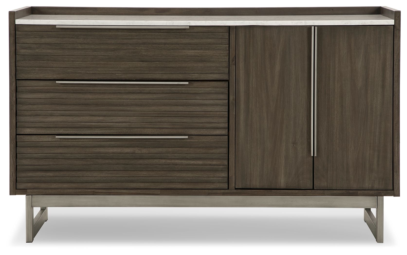 Grayish-brown wood dresser with slatted drawers and side cabinet doors