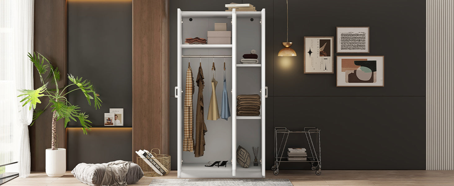 3 Door Wardrobe w/ Mirror, Hanging Rod, White