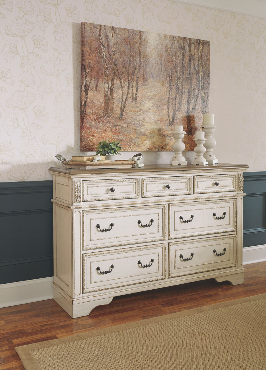 Realyn panel bedroom set dresser with six drawers, white finish, decorative hardware