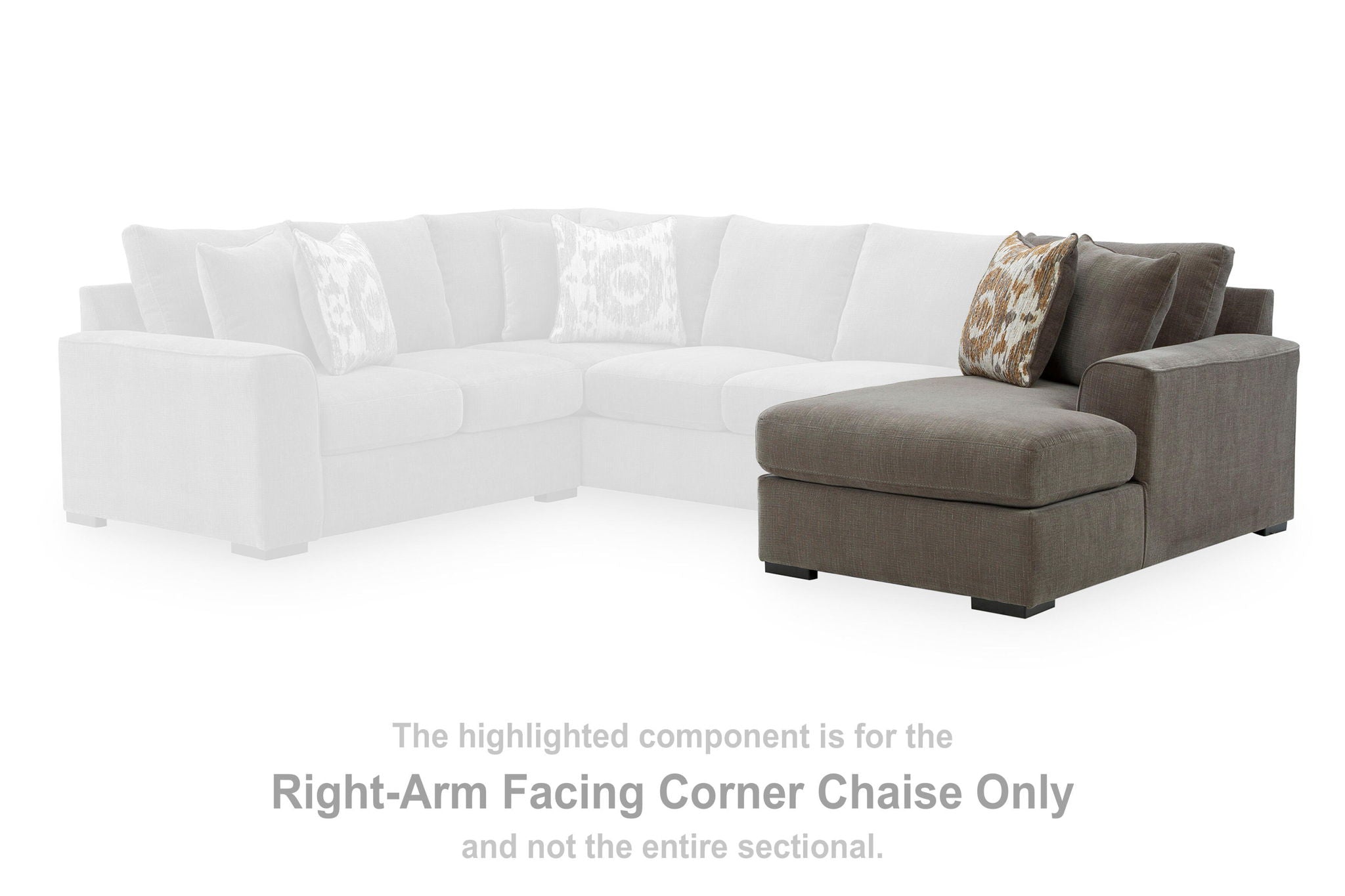 Gray corner chaise on right side with patterned lumbar pillow, wide seat cushion