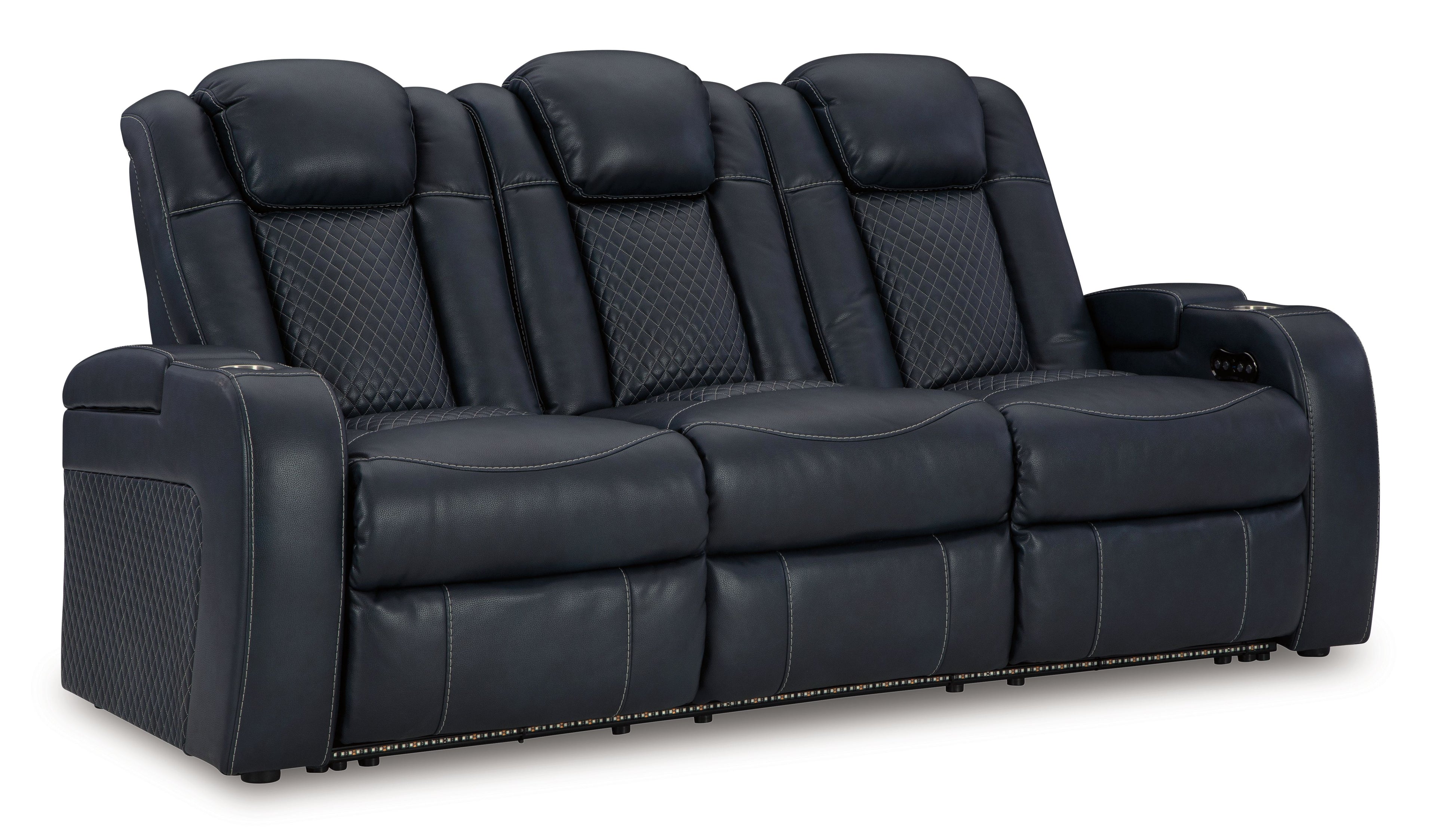 Power reclining sofa with adjustable headrests, dark navy leather-look upholstery