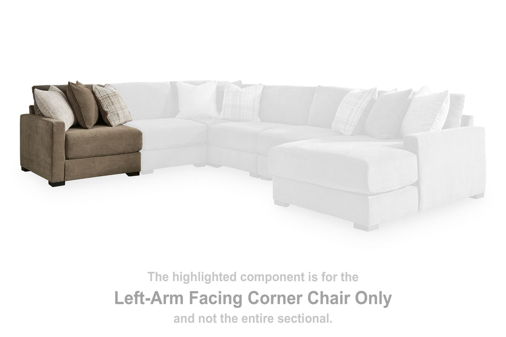 Sectional corner chair piece with left arm, brown upholstery, matching seat and back cushions