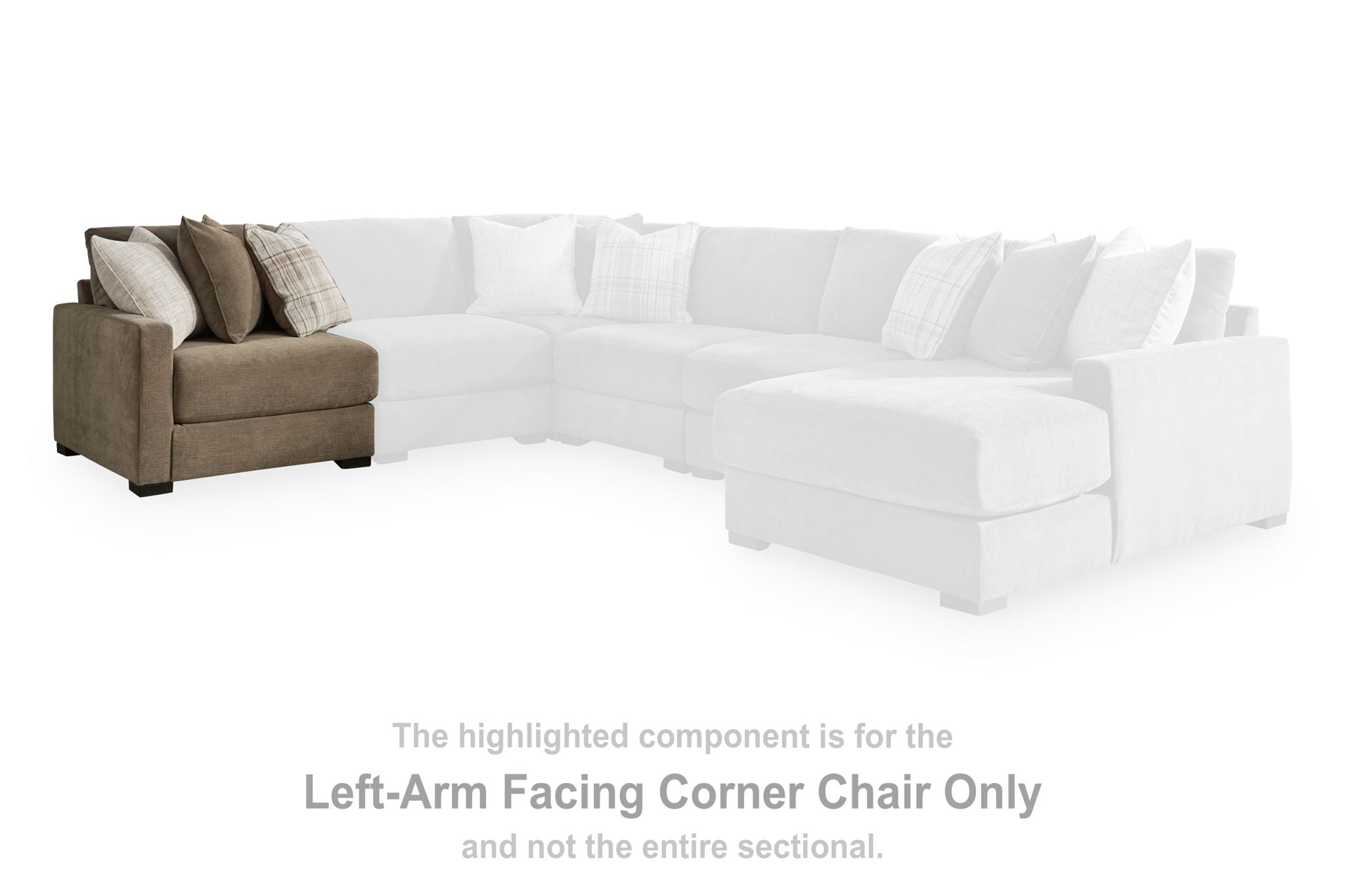 Sectional corner chair piece with left arm, brown upholstery, matching seat and back cushions