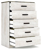 Whitewash drawer chest with five drawers and dark bar handles, angled view