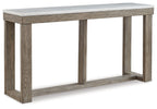 Brown sofa table with ivory top and open shelf, rectangular frame