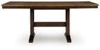 Rectangular counter-height extension table with open apron and dark brown legs.