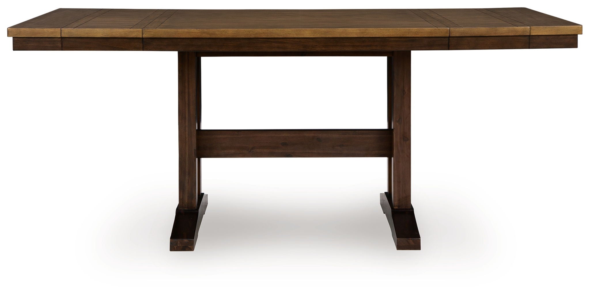 Rectangular counter-height extension table with open apron and dark brown legs.
