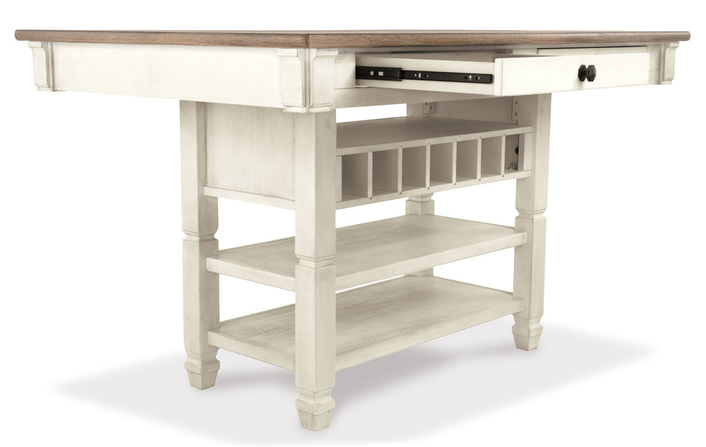 Beige rectangular dining counter table with open cubbies and two lower shelves