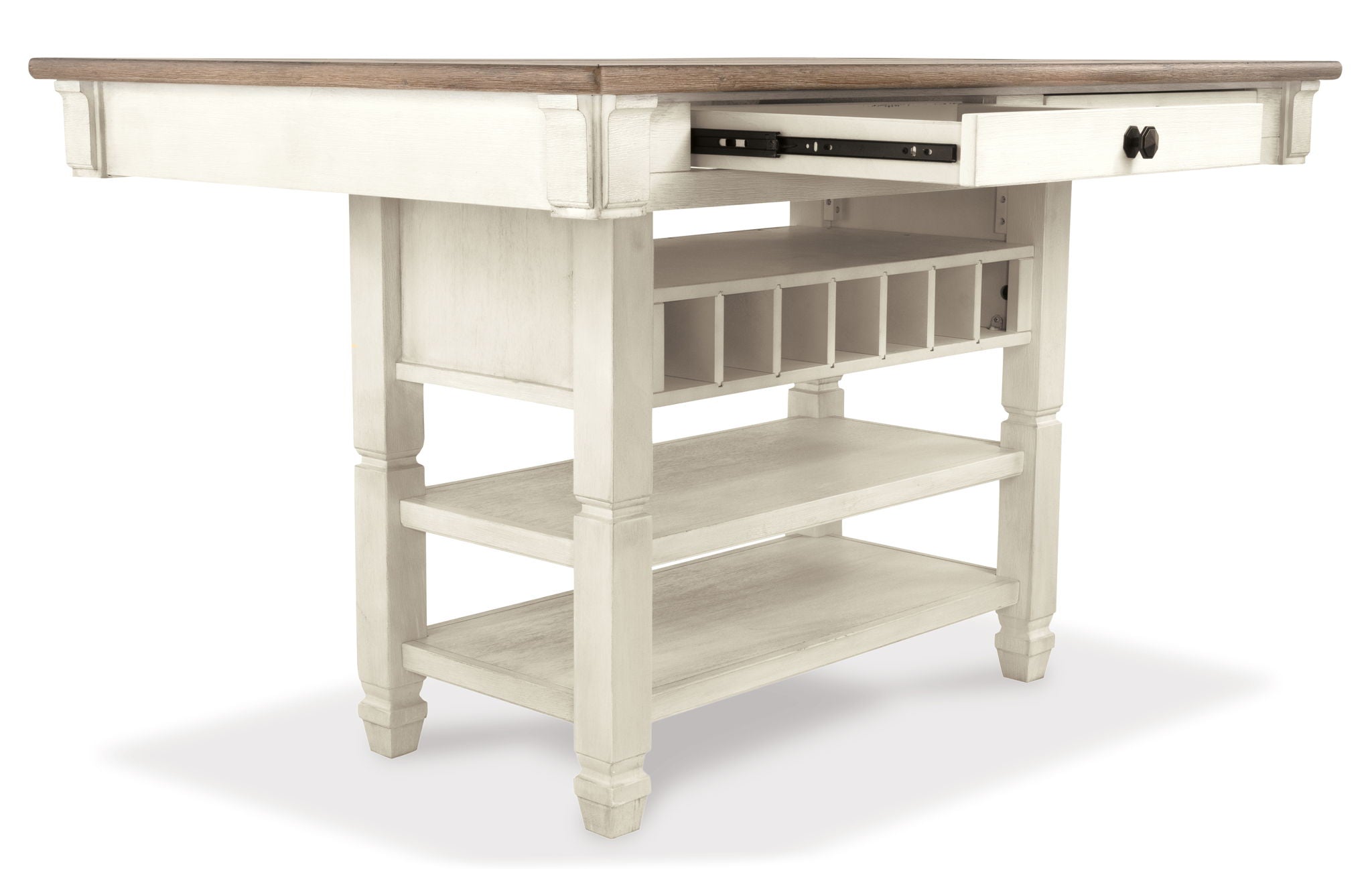 Beige rectangular dining counter table with open cubbies and two lower shelves