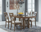 Rectangular dining table set with 4 chairs, dark wood finish, cushioned seats