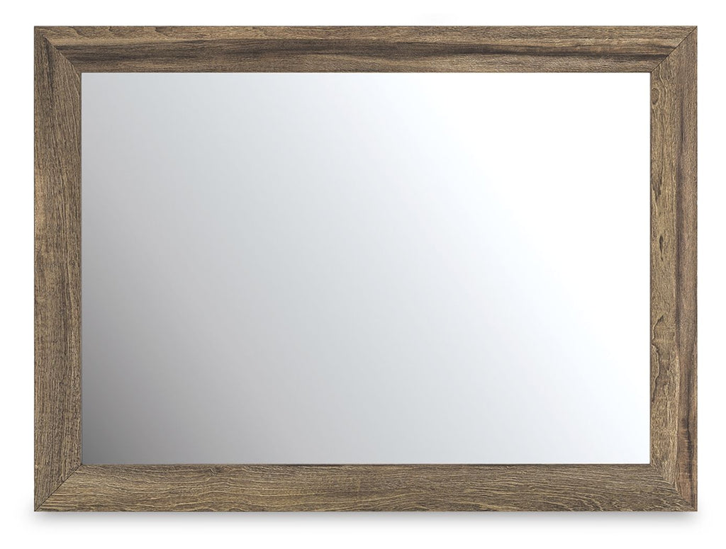 Elbrim bedroom mirror with brown rectangular wood frame and reflective glass