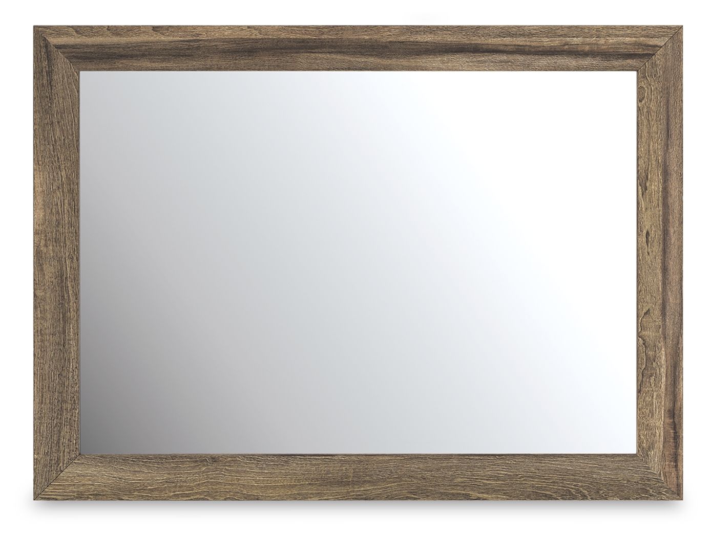 Elbrim bedroom mirror with brown rectangular wood frame and reflective glass