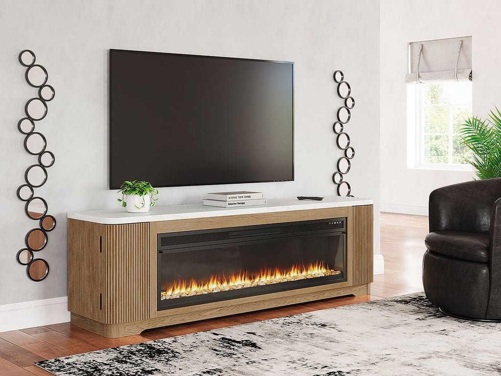 Light brown TV stand with electric fireplace and TV screen, open central firebox with logs