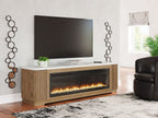 Light brown TV stand with electric fireplace and TV screen, open central firebox with logs