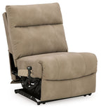 Sand power armless recliner with adjustable headrest, footrest raised, side view
