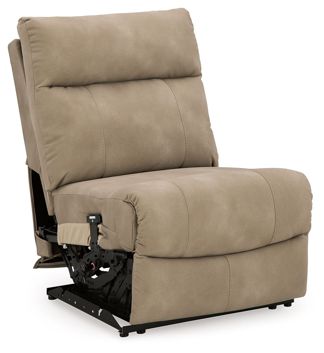 Sand power armless recliner with adjustable headrest, footrest raised, side view