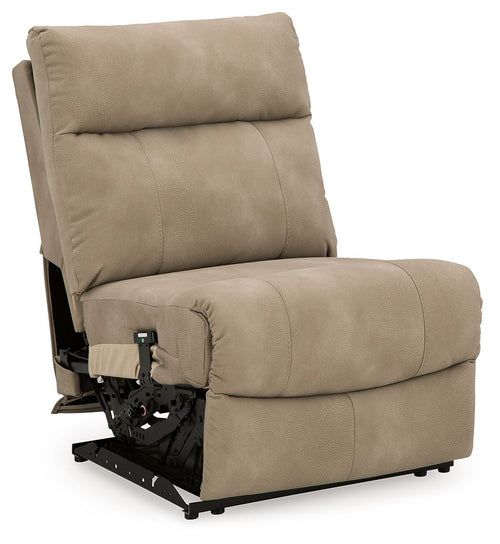 Sand power armless recliner with adjustable headrest, footrest raised, side view