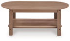 Light brown oval outdoor table with slatted top and lower shelf support frame