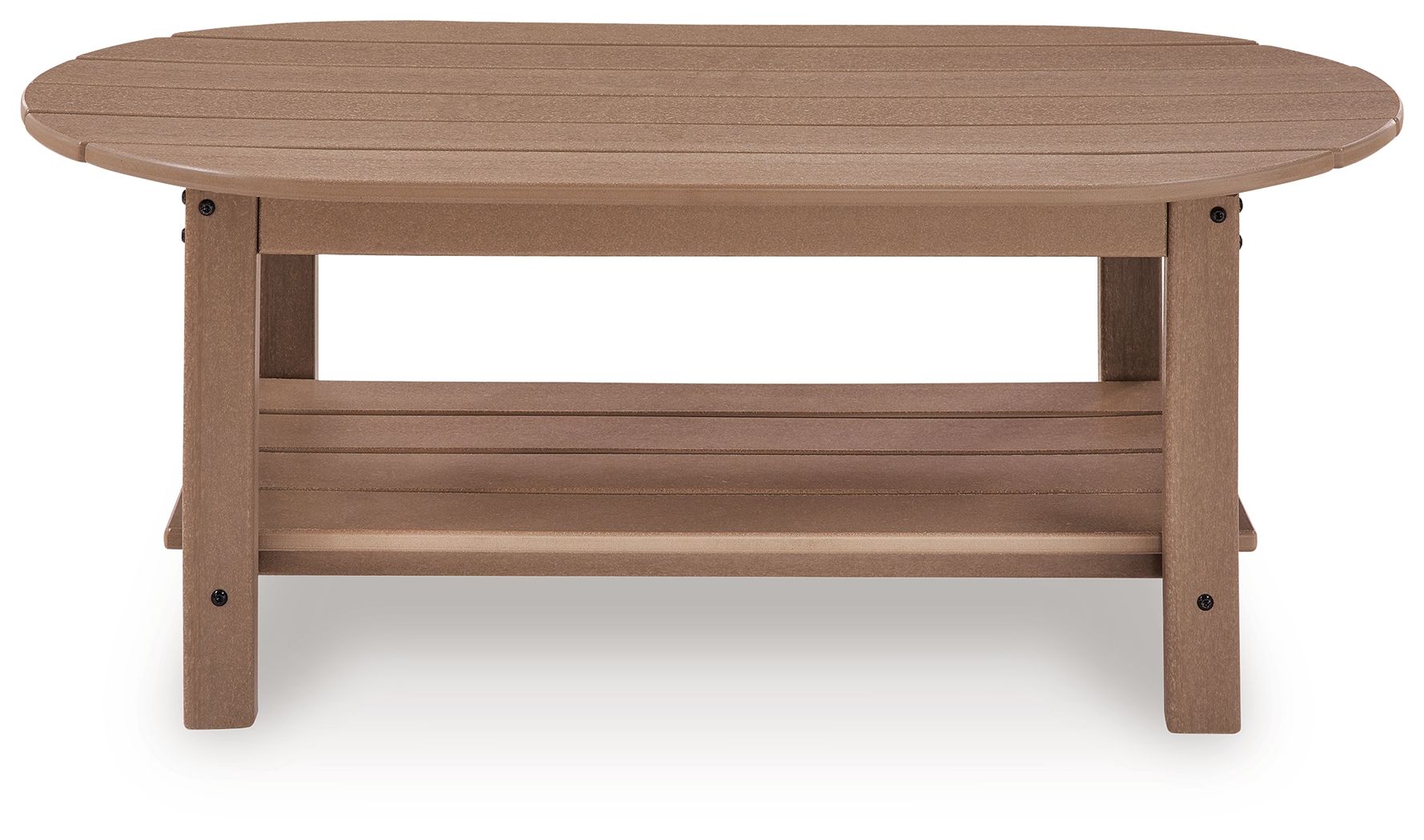 Light brown oval outdoor table with slatted top and lower shelf support frame