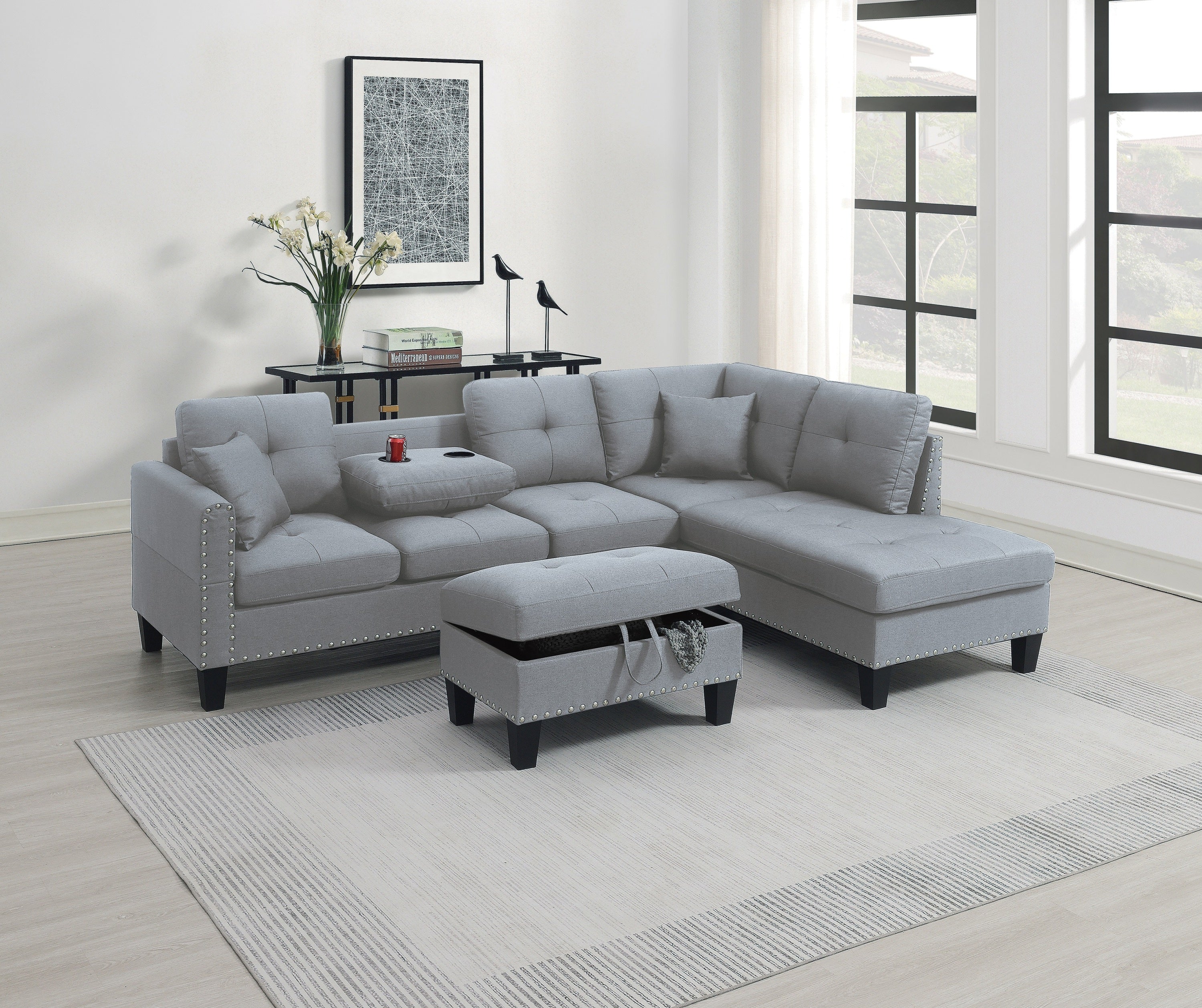 Taupe Grey Sectional Sofa Set w/Chaise & Ottoman
