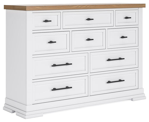 White dresser with black bar handles, natural wood top, eight drawers.