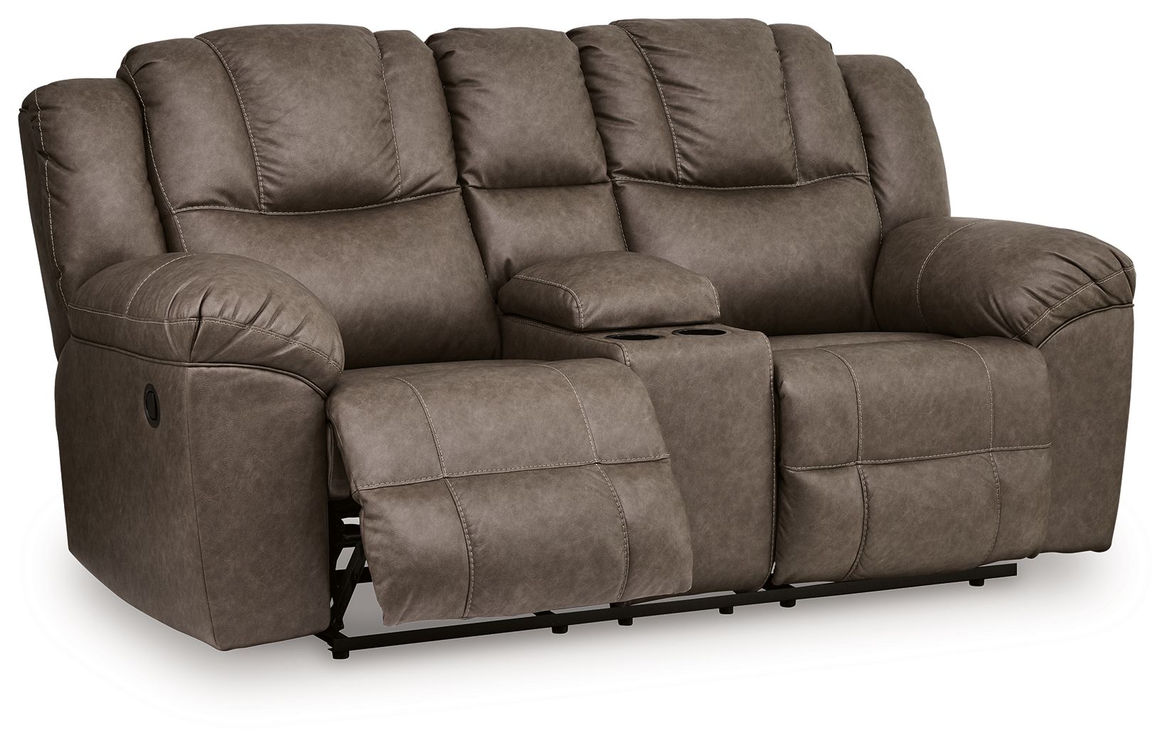 Dark brown fabric double reclining loveseat with extended footrests and tufted back