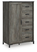 Gray wood storage cabinet with 2 doors and 5 drawers, black handles and corner legs