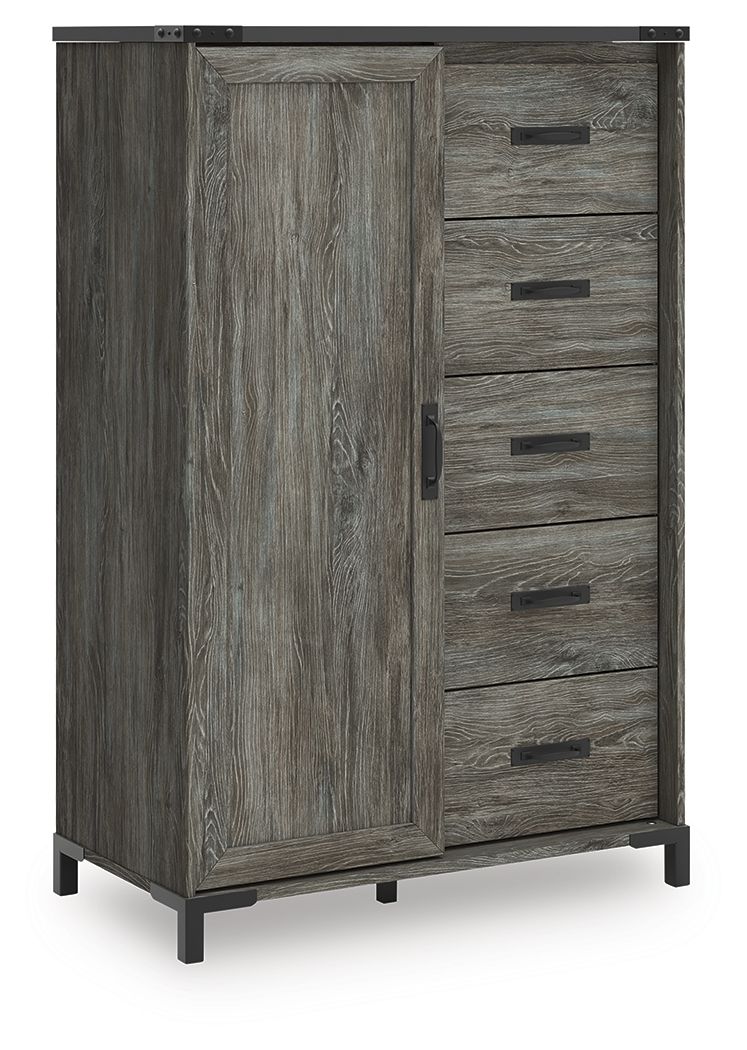 Gray wood storage cabinet with 2 doors and 5 drawers, black handles and corner legs