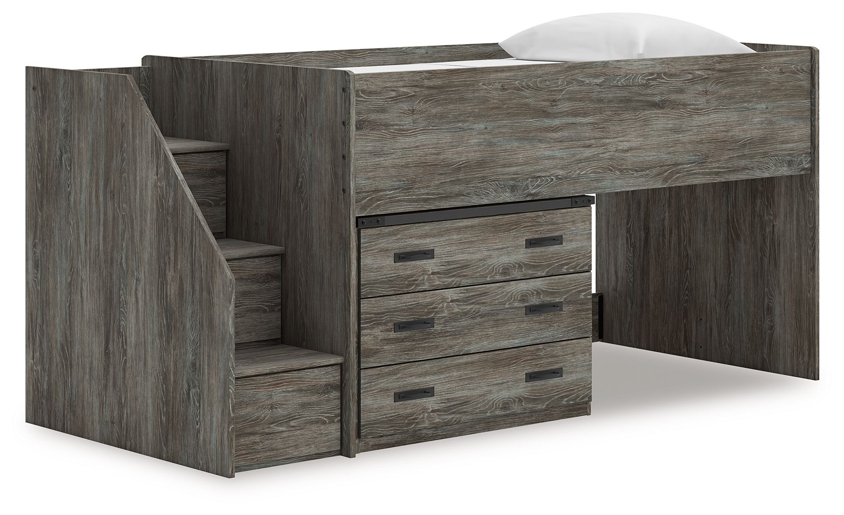 Gray loft bed with storage stairs, drawers, and side shelving under the frame