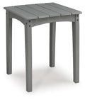 Gray square end table with slatted top and four straight legs